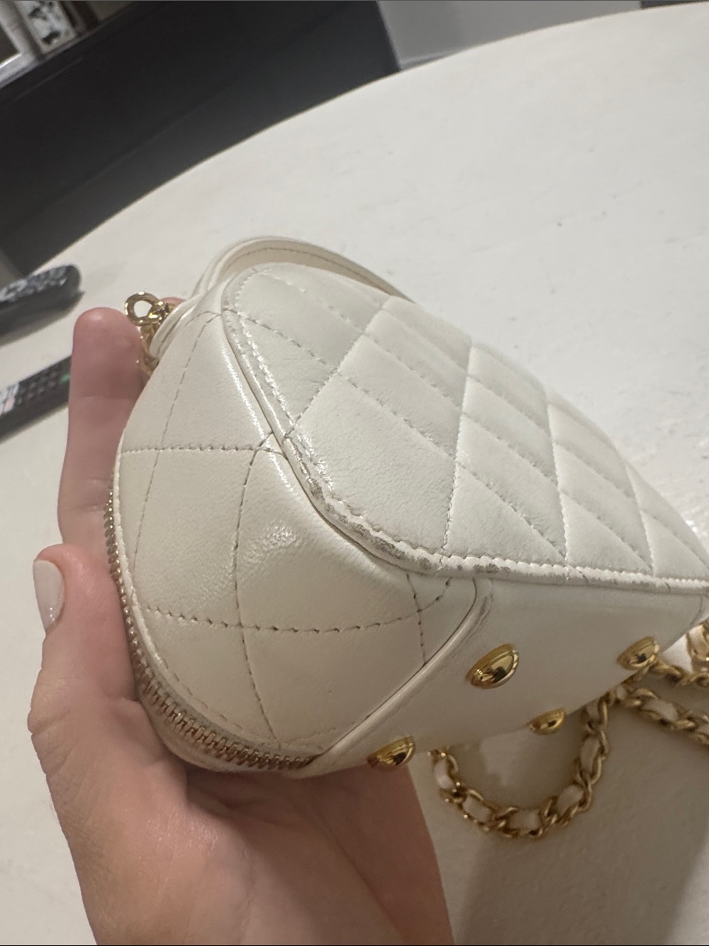 CHANEL White Quilted Mini Crossbody with Gold Chain - Picture 9 of 11